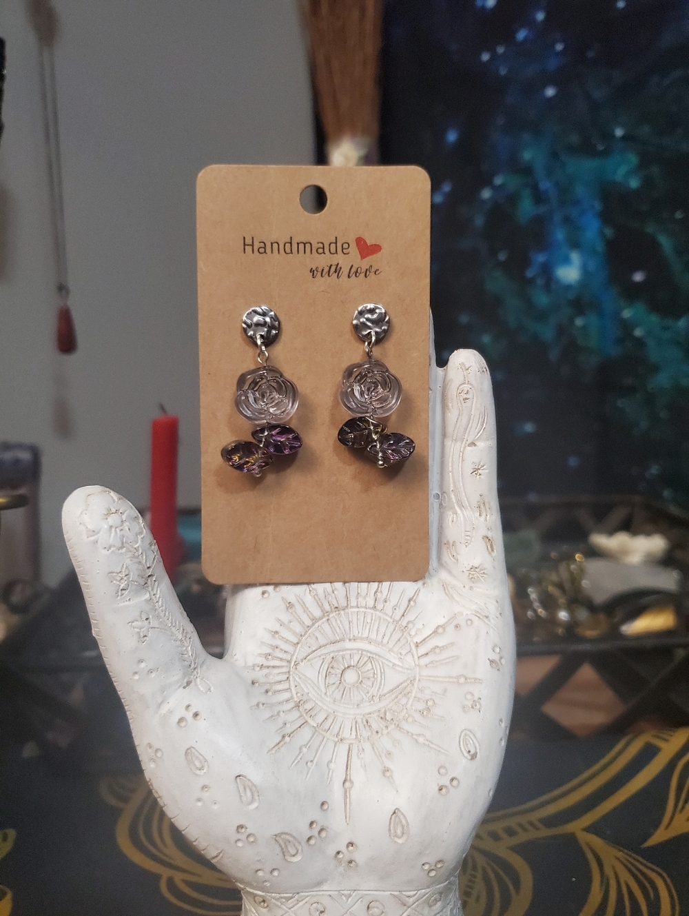 Handmade Silver and Purple Rose Hypoallergenic Earrings